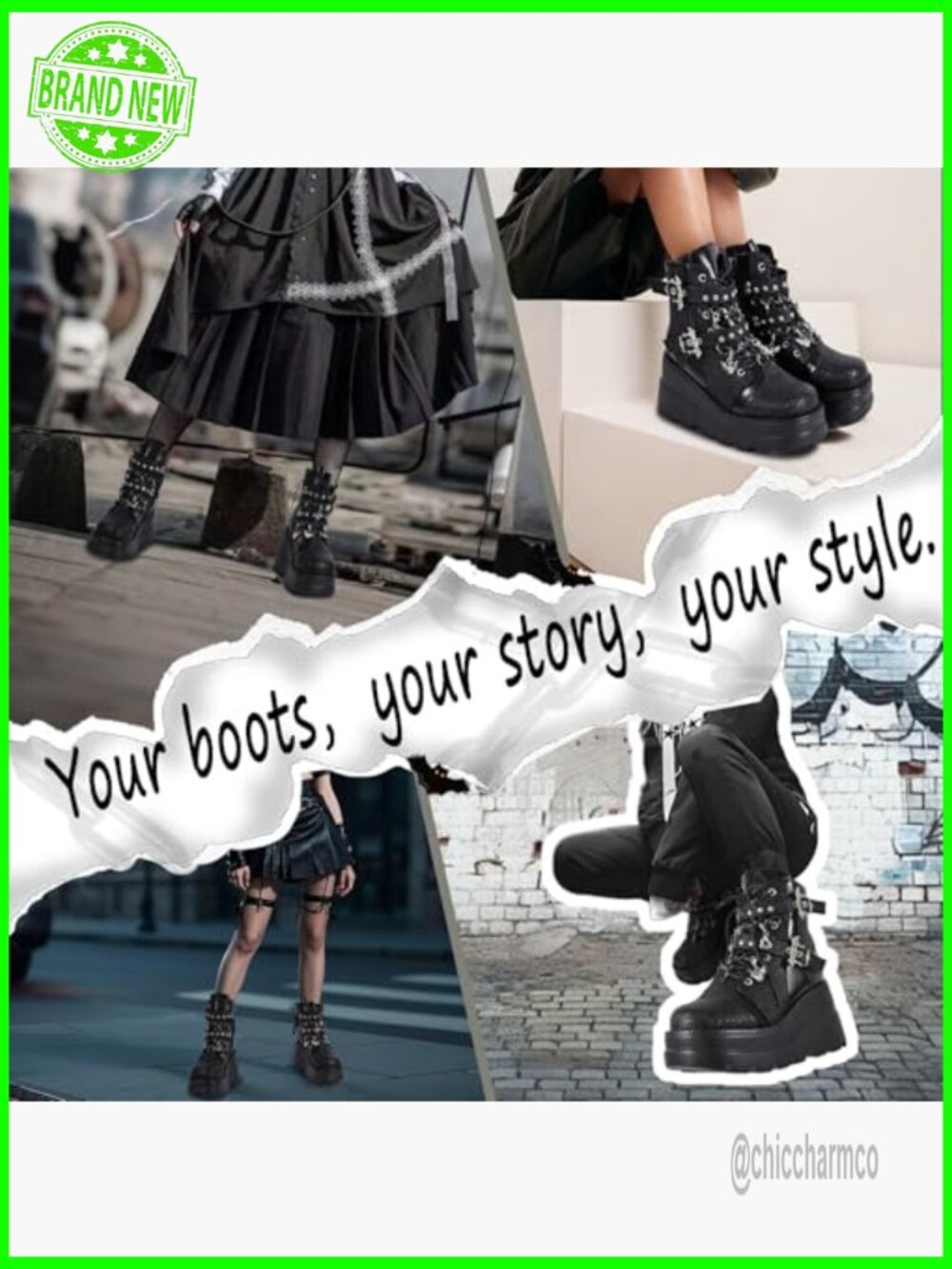 Goth Chunky Ankle Boots with Bat Buckle Platform Zip Lace Up Combat Bootie - Picture 2 of 7